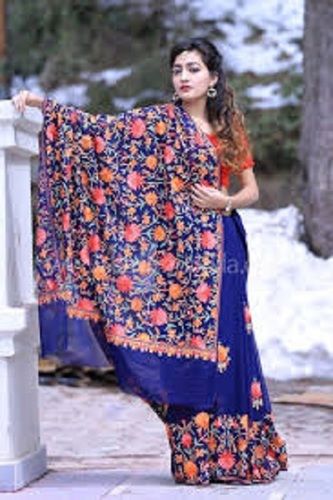 Blue And Orange Indian Designer Printed Saree For Ladies, Party Wear