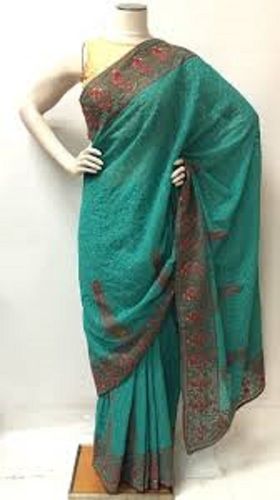 Party Wear Printed Georgette Cotton Sarees For Ladies, Green Color