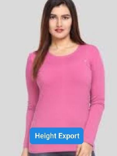 Round Neck Full Sleeves Cotton Plain T-Shirt For Ladies, Pink Color (Size L, Xl) Age Group: 18+