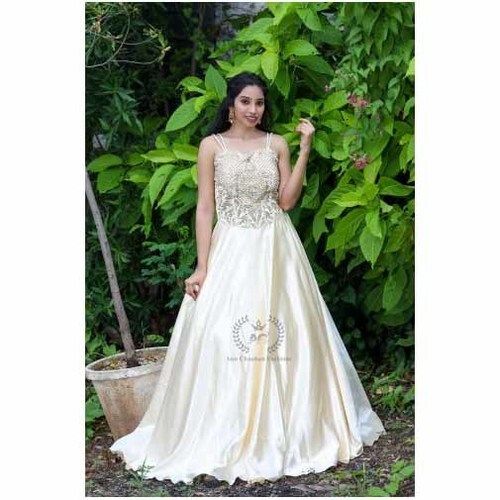 White Embroidery Hand Work Party Wear Satin Gown