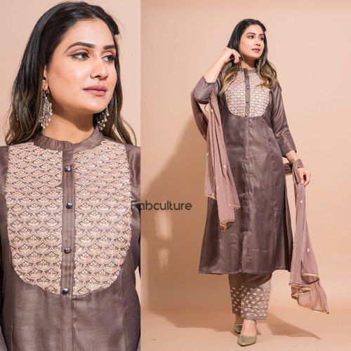 Brown Fancy Party Wear With Heavy Embroidered Kurti Pant Set For Ladies, 3/4Th Sleeves