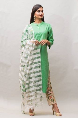 Green Plain Chanderi Silk Kurti Pant Set For Ladies With Mulmul Fabric Dupatta, 3/4th Sleeves