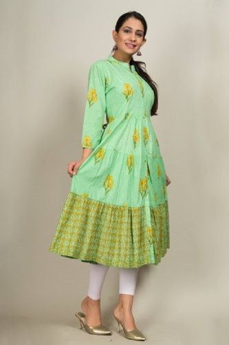 Anti Wrinkle Jaipuri Printed Cotton Green Kurti For Ladies, 3/4Th Sleeve, Anarkali Style 