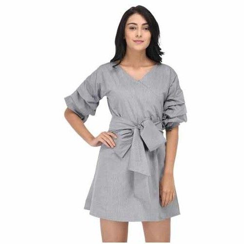 Grey Ladies Layered Sleeve Striped Wrap Dress