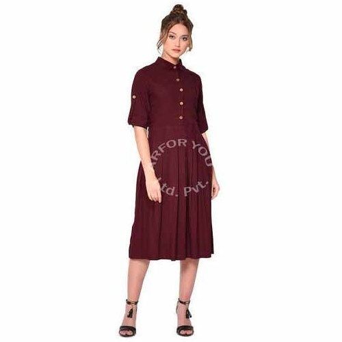 Washable Ladies One Piece Shirt Collar Maroon Western Dress