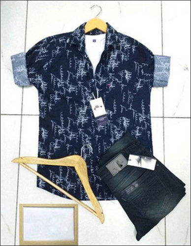 Mens Blue Printed Cotton Shirt