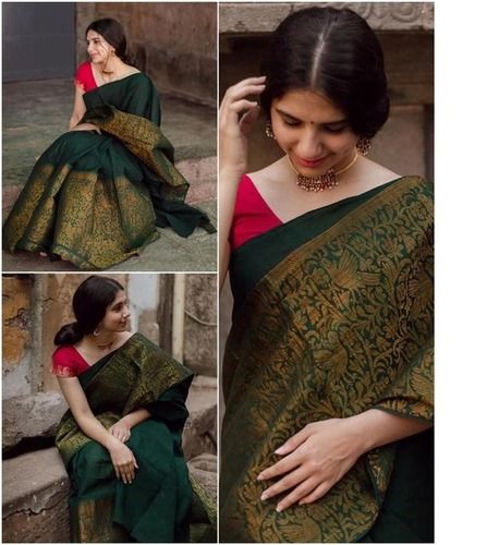 Printed Easy Green Gold Border Silk Saree