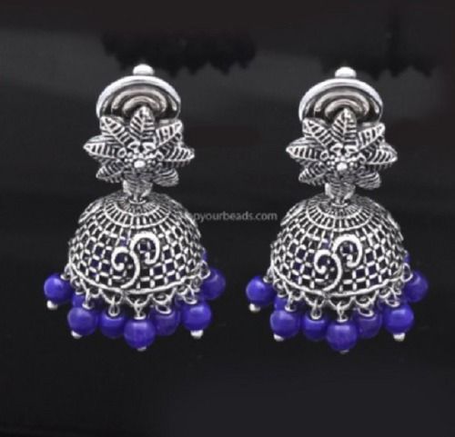 Modern Blue And Silver Polished Beads Oxidised Jhumka Earring