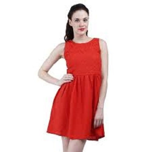 Washable Plain Western Short Dress For Ladies, Sleeveless, Red Color, Size L, M, S, Xl