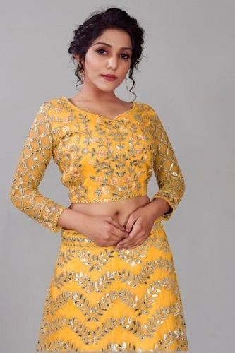 Designer Lucknowi Lambi And Embroidery Work Net Lehenga Choli For Ladies, 3/4 Sleeves, Yellow Color