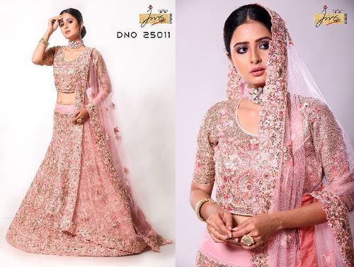 Elegant Semi Stitched Lehenga Choli For Ladies, Half Sleeve, Light Pink Color, Waist Size Up To 40 Inch