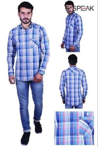 Blue Men Casual Wear Collar Neck Check Shirts