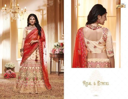 Red & Skin Color Wedding Wear Embroidered Lehenga Choli For Ladies, Half Sleeve (Material : Polyester, Satin, Silk)