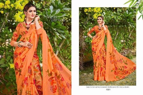 Floral Printed Cotton Synthetic Sarees For Ladies, Orange Color (Fabric : Faux Linen With Sattin Lace)