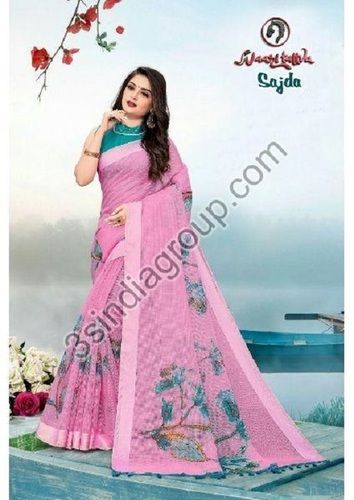 Cora Chex Printed Saree With Blouse Piece For Ladies, Pink Color, Length : 6.3 Meter
