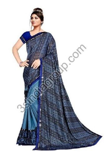 Fancy Chiffon Lycra Printed Lace Saree For Ladies, Party Wear, Blue Color