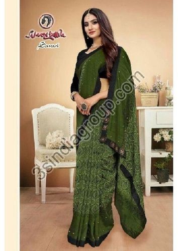 Flower And Geometric Print Sarees For Ladies, Green Color, Party Wear