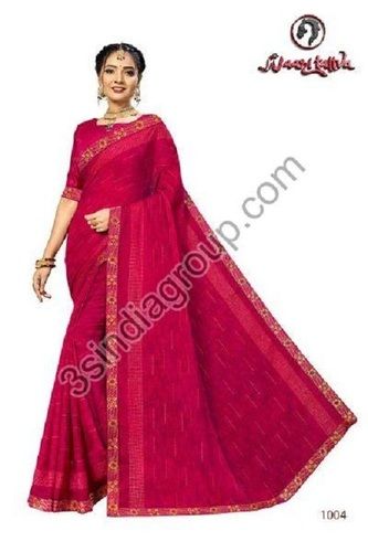 Half And Half Moss Chiffon Plain Sarees With Blouse For Ladies, Red Color