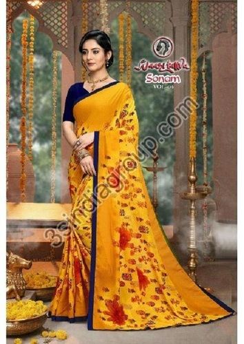 Lace Border Work Renial Fancy Printed Saree For Ladies, Yellow Color