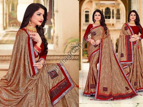 Lycra Designer Printed Saree With Blouse For Ladies, Brown Color
