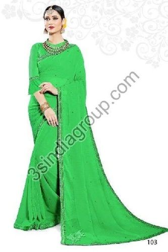Marbal Border Plain Saree For Ladies, Green Color