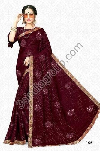 Marbel Chiffone Embroidered Sarees With Blouse For Ladies, Brown Color, Festival Wear