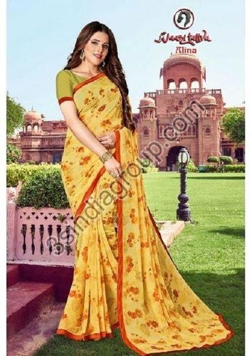 Printed Georgette Sarees With Blouse For Ladies, Yellow Color