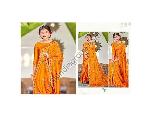 Vichitra Fancy Embroidery Printed Saree With Blouse For Ladies, Orange Color, Length : 6.3 Meter