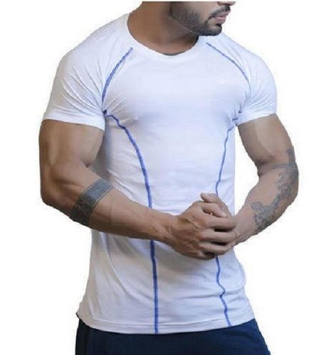 Blue Mens Round Neck White Plain Sports T-Shirts