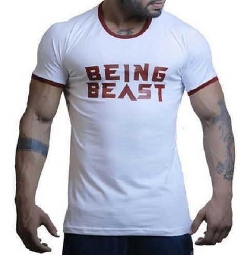 Mens Round Neck White Printed Cotton T Shirt Gender: Male