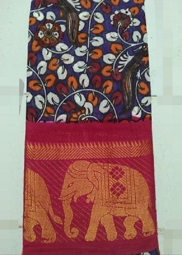 Multi-Color Zari Elephant Border Kalamkari Cotton Saree