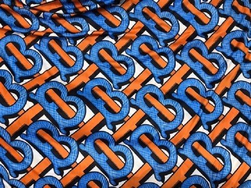 Blue & Orange B Patterned Print Italian Lycra Digital Printed Fabrics For Shirts, Dresses, Skirts, Tops, Designer Furniture Coverings, Gsm : 100-150, Width : 56 Inches