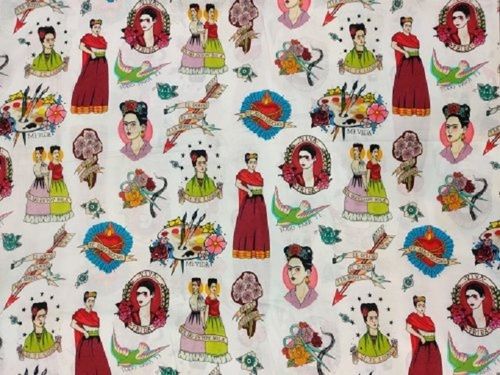 Mixed Colors Maxican Frida Cartoon Print 100% Cotton Digital Printed Fabric For Dresses, Skirts, Kurtis, Tops, Shirts, Gsm : 70-100, Width : 44-45 Inch