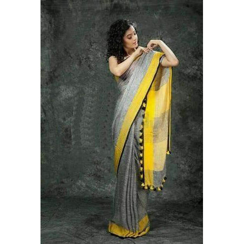 Multi-Color Designer Linen Saree With Blouse Piece