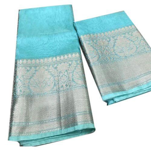 Ladies Blue Zari Border Linen Silk Saree