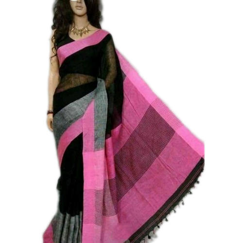 Party Wear Black Pink Linen Saree For Ladies