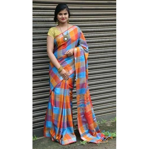 Party Wear Ladies Check Linen Saree