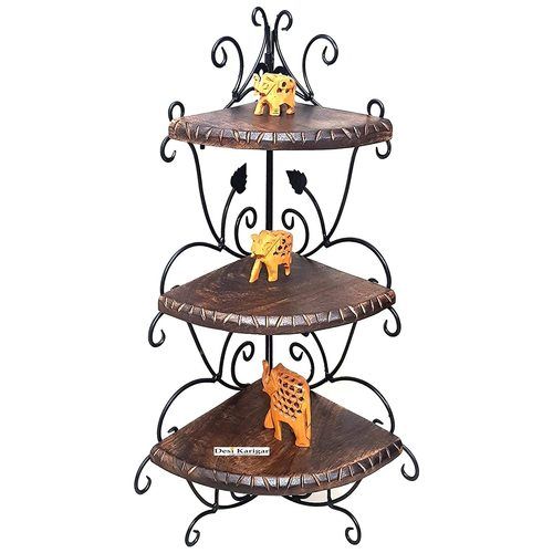 Desi Karigarar Wooden And Iron Corner Rack Home Decor Carved Furniture Shelves Height: 24 Inch (In)