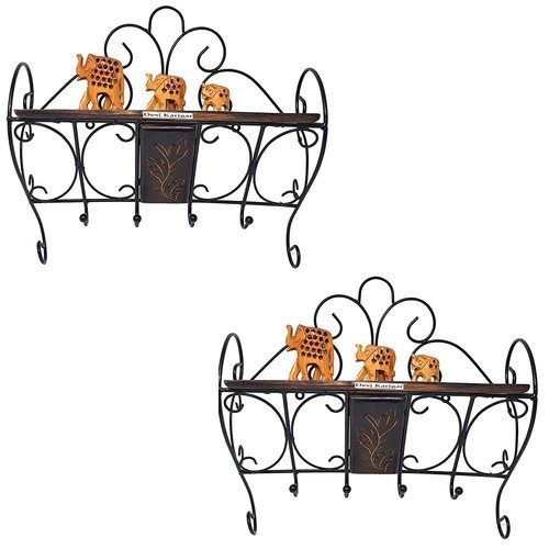 Desi Karigarar Wooden And Wrought Iron Wall Bracket | Book Rack | Cloth Hanger Set Of 2