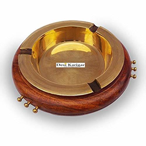 Brown And Golden Desi Karigar Wooden Ash Tray Brass Cup Antique Type Decorative Handicraft Gift Item