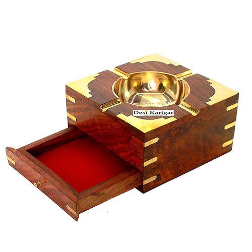 Brown Desi Karigar Wooden Ash Tray Cum Cig Case Drawer Big Decorative Handicraft Gift Item