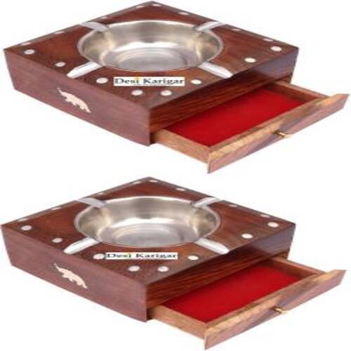 Brown Desi Karigar Wooden Premium Quality Antique Ashtray With Cig. Case, Pack Of 2