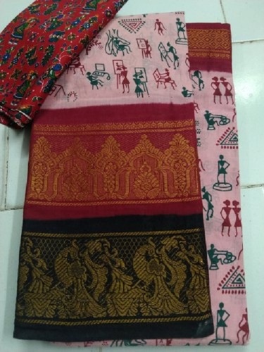 Pale Pink Madurai Block Printed Sungudi Ladies Saree