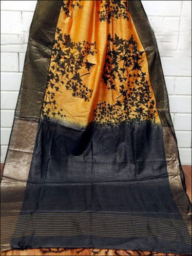 Multicolor Ladies Block Printed Pure Munga Tussar Silk Saree