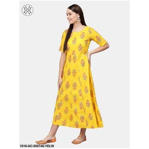 Indian Ladies Cotton Yellow Half Sleeves Floral Print Maxi Dress