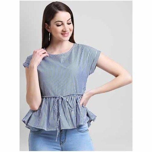 Printed Womens Blue And White Round Neck Striped Peplum Top