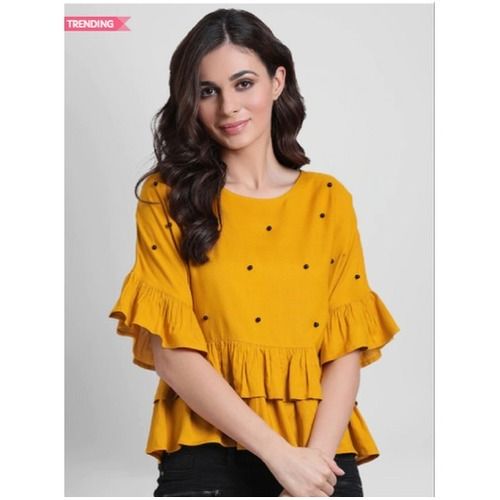 Womens Mustard Orange Embellished Peplum Top