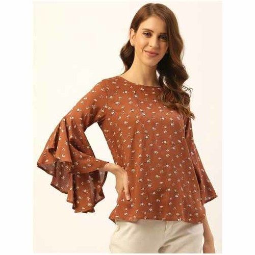 Womens Three Fourth Sleeves Brown Floral Print Top Size: Various