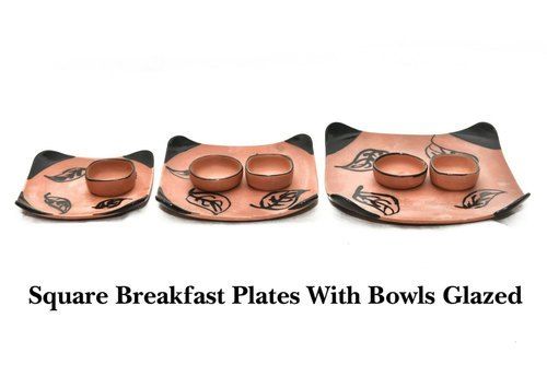 Various Colors Are Available Terracotta Clay Glazed Square Breakfast Plates With Bowls