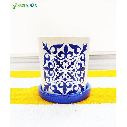 Various Colors Are Available White And Blue Terracotta Pot Wih Tray